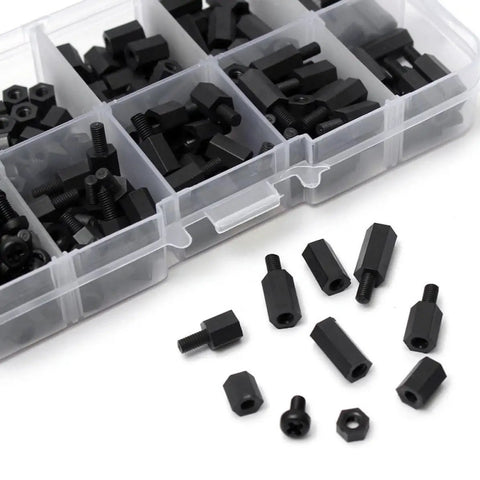 Nylon Standoff And Screw Kit 180 Piece With Nuts For Easy Install Hex Spacers Built For Automotive And Large Projects No Fuss Quick Install Durable Hardware Set For DIY Electronics And Mounting Needs, black hex spacers and screws in organizer