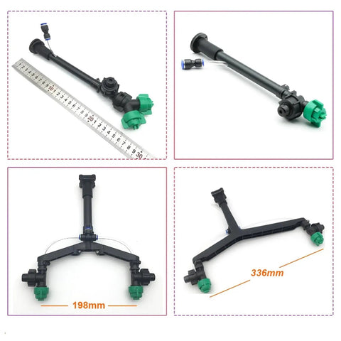 DIY Sprayer Drone Extension Rod with Dual Nozzles and Y Mount, measures 198mm and 336mm, enhancing spraying coverage.