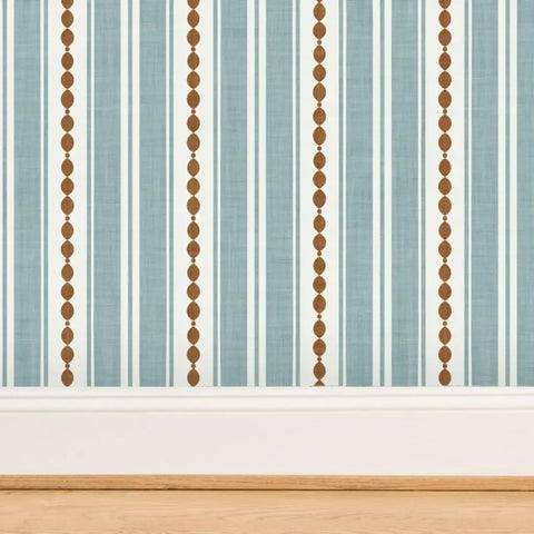 Custom Printed Vinyl Wall Covering With A Subtle Leather Look And Modern Stripe Pattern, 2x27ft, in blue and brown stripe design.