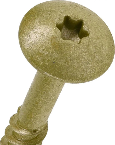 Close-up of Top Shelf Construction Lag Screws 5 16 By 3 Inch Bronze Hex Fasteners with a Star drive head for easy installation.