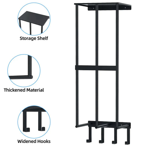 Matte Black No Fuss Wall Mount Camping Chair Storage Rack With Floating Shelf And Four Hooks For Garage Organization, Sturdy Metal Wall Holder