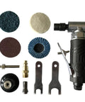 Straight Shot 1/4 Inch Air Angle Die Grinder With 90 Degree Powerhead And Four Collets pneumatic tool with grinding disks and accessories.