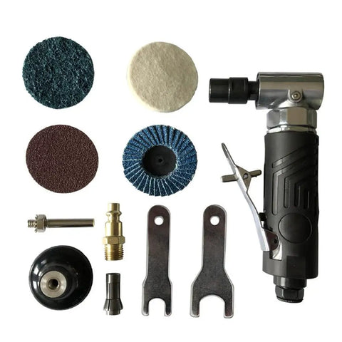 Straight Shot 1/4 Inch Air Angle Die Grinder With 90 Degree Powerhead And Four Collets pneumatic tool with grinding disks and accessories.