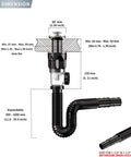 Flex Drain Bathroom Sink Kit With Expandable P Trap And Snappy Stopper, universal fit dimensions diagram, RV friendly