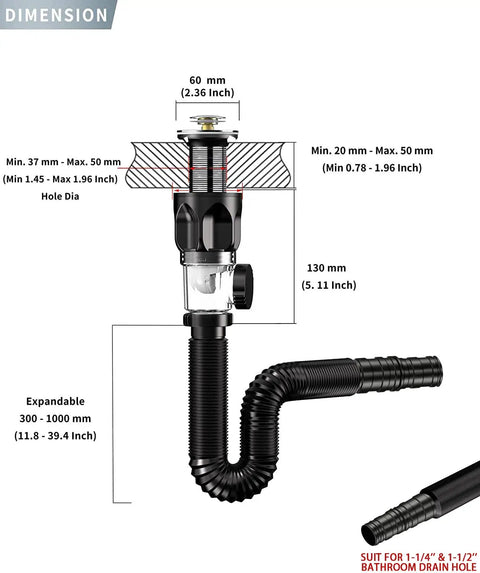 Flex Drain Bathroom Sink Kit With Expandable P Trap And Snappy Stopper, universal fit dimensions diagram, RV friendly