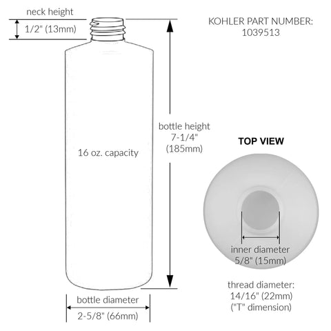 Diagram of soap and lotion dispenser bottle replacement with dimensions, part of Genuine Part for Easy Durable Refill Access.