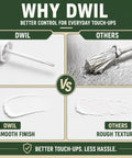 Comparison of DWIIL touch-up paint pen smooth finish vs others rough texture. White Touch Up Paint Pen For Wood Furniture Makeover Featuring Quick Dry Formula And Precision Brush Easy As Pie Scratched Surface Fix For Cabinets Doors Tables And Dressers To Look New Again.
