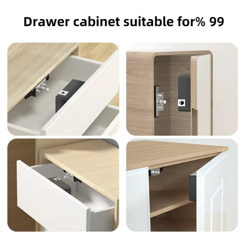 Bluetooth Drawer Lock For Cabinets With RFID And NFC in wooden cabinets and drawers, showing smart lock installation and usage.