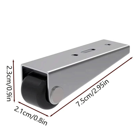 Heavy Duty Door Support Wheels 2 Pack Quiet Rubber Rollers For Sliding Closet Patio And Screen Doors Anti Sag High Load Track Quick Change Smooth As Butter, angled view showing dimensions and rubber roller.