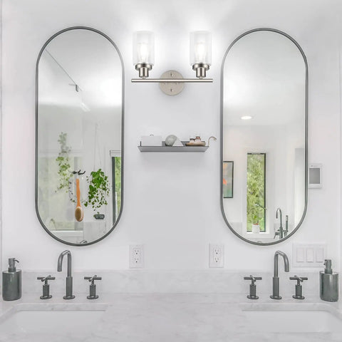 Two Light Vanity Lights Brushed Nickel Wall Sconce With Clear Glass Shade for modern bathroom mirror lighting.