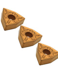 Carbide turning inserts; gold-colored triangular inserts with center hole, set of 3 for steel