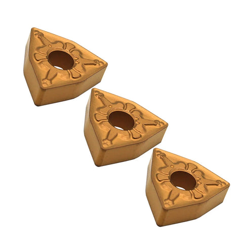Carbide turning inserts; gold-colored triangular inserts with center hole, set of 3 for steel
