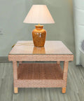 16 Inch Square Tempered Glass Table Top One Quarter Inch Thick Clear Replacement Glass on wicker table with lamp