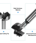 Close-up of Top Notch Assorted Forstner Bit Set Featuring Game Changer Hardened Round Shanks with shape cutting tip for clean drilling.