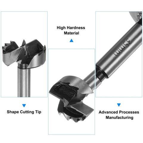 Close-up of Top Notch Assorted Forstner Bit Set Featuring Game Changer Hardened Round Shanks with shape cutting tip for clean drilling.