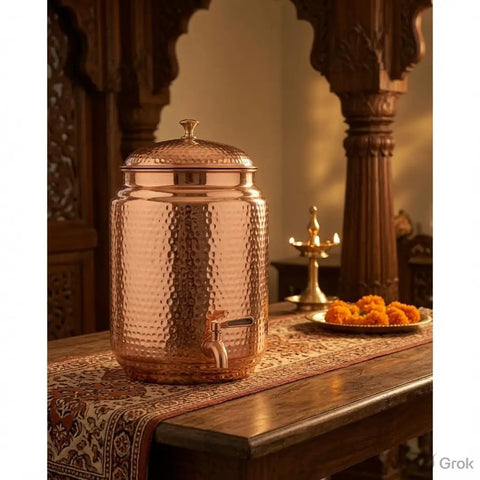 Copper Water Dispenser With Hammered Finish and Joint Free Body, Brass Stand and Tap, 5 Liter Capacity on ornate table