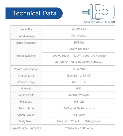 Technical data sheet for Outdoor Wire In Photocell Switch With Photoelectric Sensor For Stem Mount Lighting MCU Powered Light Control With 5 Second Delay Dusk To Dawn Auto On Off Wide Voltage Range Weatherproof Exterior Photocell Controller JL428C