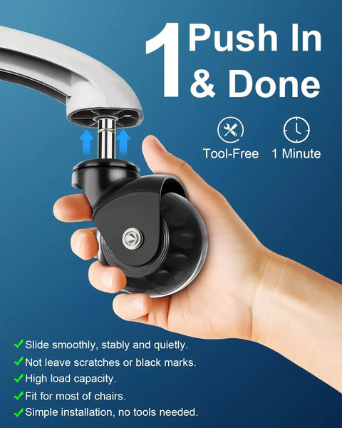 Heavy Duty Rollerblade Office Chair Wheels Replacement Set Of 5, 2 Inch Rubber Casters Designed For Carpet Or Hardwood Floors, Universal Standard Stem Fit, Loaded To Carry Up To 2000 Lbs Without Skipping A Beat, Glides Smooth And Silent Daily, Easy push in installation.