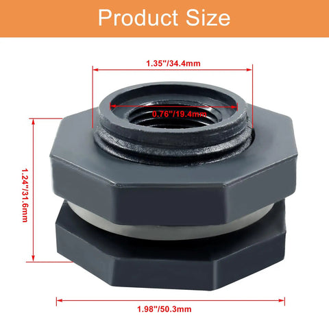 Four Pack One Half Inch PVC Bulkhead Fittings For Rain Barrels Ponds And Pools Durable Plastic Water Tank Connectors size diagram
