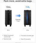 Front view of two YOETEY expandable black hardside suitcases (106L and 114L), expanding from 12 in to 13 in.