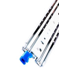 Heavy Duty Full Extension Ball Bearing Drawer Slides One Pair Cold Rolled Steel Cabinet Rails close-up with blue end cap for smooth operation.