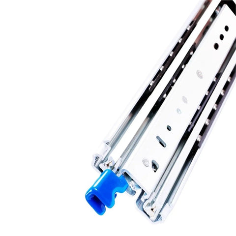 Heavy Duty Full Extension Ball Bearing Drawer Slides One Pair Cold Rolled Steel Cabinet Rails close-up with blue end cap for smooth operation.