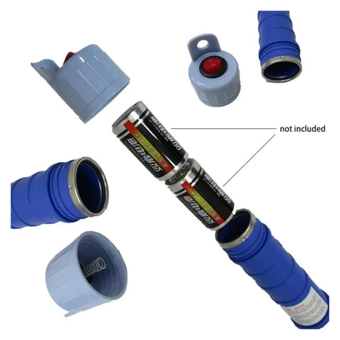 Close-up view of Portable Battery Fuel Transfer Pump components including battery slots and caps for vehicle maintenance.