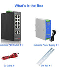 What's in the box: 8 Port Gigabit PoE Plus Switch With DIN Rail Power Supply And Two Gig Uplink Ports, 120W Budget, Built For IP Cameras, VoIP Phones, And Wireless APs, Rugged Onsite Industrial Network Gear, power supply, DC cable, DIN rail