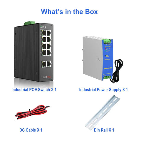 What's in the box: 8 Port Gigabit PoE Plus Switch With DIN Rail Power Supply And Two Gig Uplink Ports, 120W Budget, Built For IP Cameras, VoIP Phones, And Wireless APs, Rugged Onsite Industrial Network Gear, power supply, DC cable, DIN rail