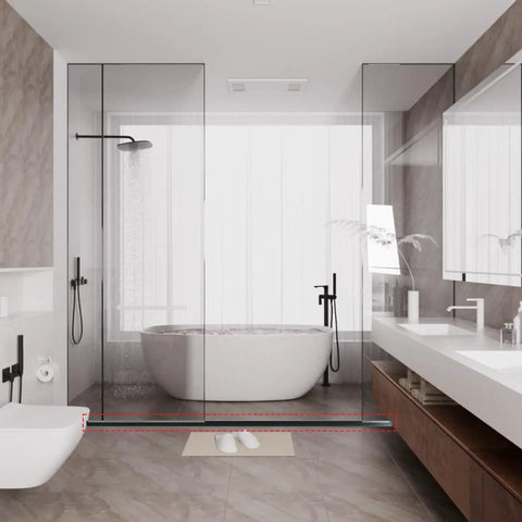 Slick Nifty 39 Inch Black Shower Threshold Water Dam Stopper in modern bathroom with glass shower and freestanding tub.