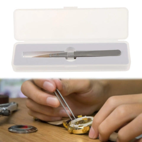 Boxwood Tip Tweezers For Watch Repair, Lightweight High End Precision Tweezers With Insulated Point For Delicate Parts in use and packaging