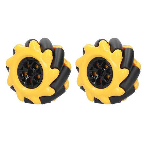 Pair of 60mm Mecanum robot wheels with yellow and black rubber-coated surface for omni-directional movement and enhanced grip.