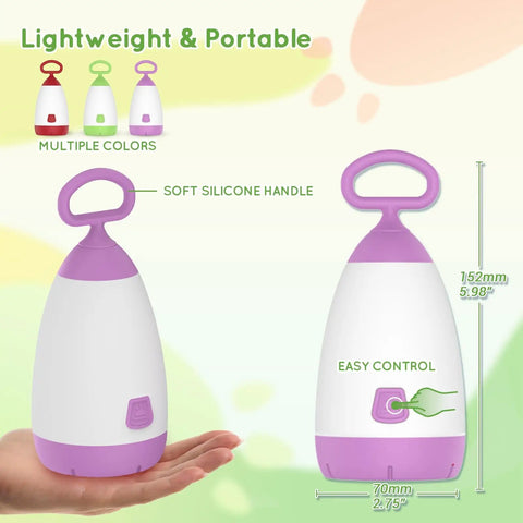 Kid Friendly Camping Lantern And Night Light With AAA Batteries Included shown in multiple colors, size and handle details visible.