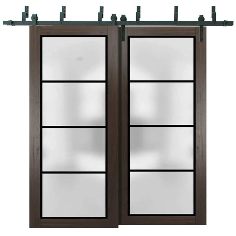 Frosted Glass Sliding Barn Closet Doors With Heavy Hardware Kit 6.6 Feet Rails Modern Solid Wood Wardrobe 48x96 Two Doors Chocolate Ash