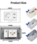 Israel Standard Wall Socket With Dual Usb A And Blazing Fast Usb C Charging, Sure Click Toggle Switch, Rj45 Ethernet Plus Tv Coax Jacks, Slick Acrylic Panel Electrical Outlet size dimensions diagram