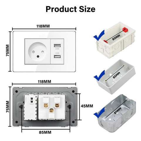 Israel Standard Wall Socket With Dual Usb A And Blazing Fast Usb C Charging, Sure Click Toggle Switch, Rj45 Ethernet Plus Tv Coax Jacks, Slick Acrylic Panel Electrical Outlet size dimensions diagram