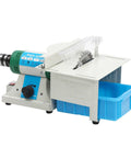 750W 5-in-1 Bench Grinder Polisher With Variable Speed Motor, Cuts, Grinds, Drills And Carves For DIY Projects Including Jade Work And Wood Finishing Versatile Tool, side view showing motor and saw attachment.