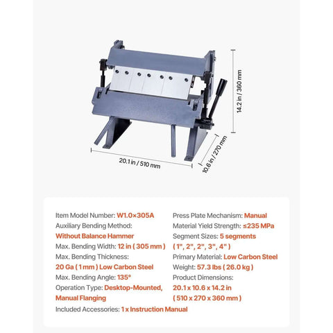 Diagram of 12 Inch Sheet Metal Bender For DIY Projects, 20 Gauge Mild Steel Capacity, 0 To 135 Degree Adjustable Box And Pan Brake.