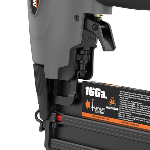 Close-up of Straight Shooting Pneumatic 3 In 1 Nailer And Stapler showing 16 gauge nail loading mechanism.