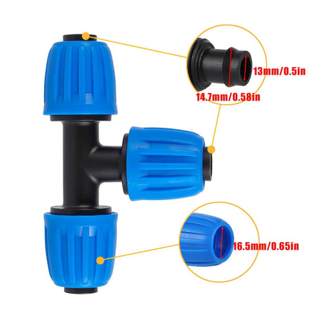 8 Pack Half Inch Drip Irrigation Tee Fittings With Barbed Nuts Half Inch ID And 0.63 Inch OD Tubing Connectors close-up with measurements