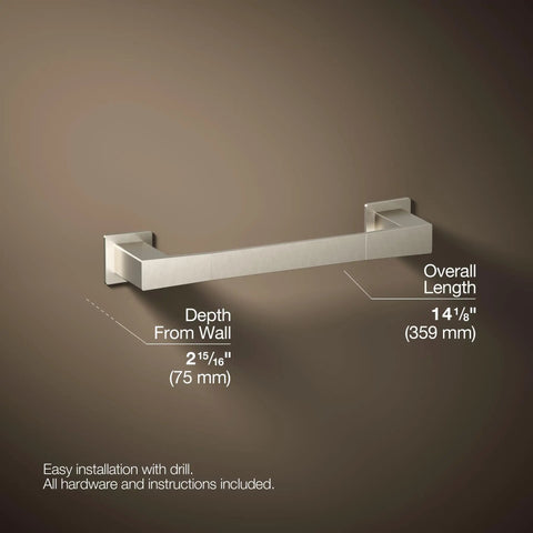 Honesty 12-Inch Towel Bar In Vibrant Brushed Nickel Finish, Modern Wall Mount Bathroom Accessory dimensions shown on wall