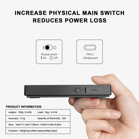 Hand holding Ultra Slim Mini Coffee Scale With Timer For Espresso And Baking, showing side view, Type-C port, physical switch