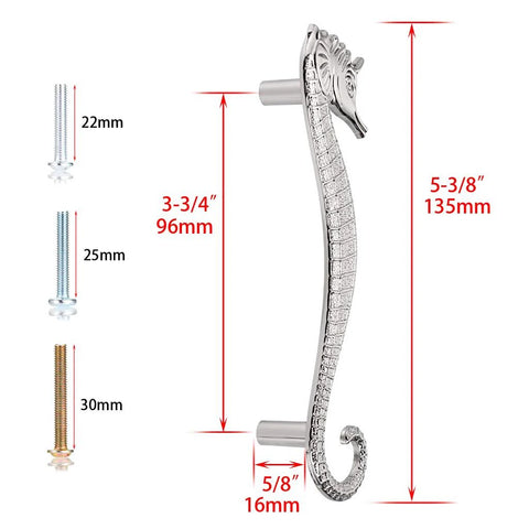 Seahorse Shaped Drawer Pulls Ocean Theme Marine Style Cabinet Hardware Zinc Alloy Coastal Metal, 135mm length, silver finish