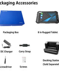 Packaging accessories for Bombproof 8 Inch Rugged Tablet Running Android 13, including box, charger, strap, screws, and docking station.