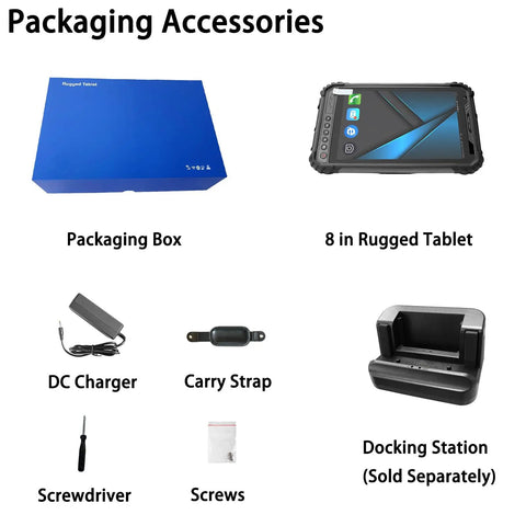 Packaging accessories for Bombproof 8 Inch Rugged Tablet Running Android 13, including box, charger, strap, screws, and docking station.
