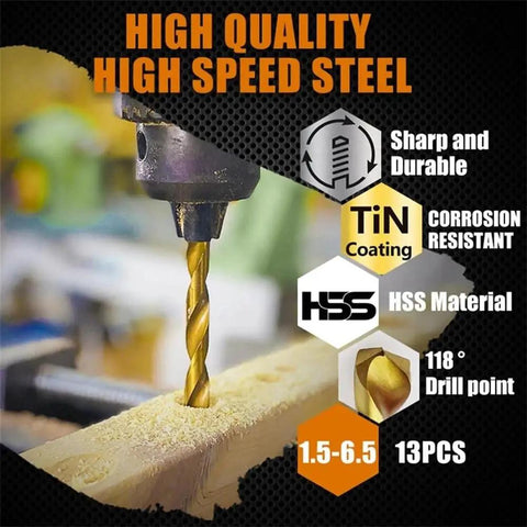 Get These 13PC Drill Bit Set For Glass Metal Tile And Concrete. Close-up of HSS twist bit drilling into wood.