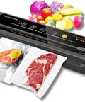 Powerful and Compact Vacuum Sealer Machine With One Touch Auto Seal sealing salmon and steak, vegetables in background