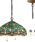 Tiffany Style Sea Blue Stained Glass Dragonfly Pendant Light, 16 Inch Wide, 40 Inch Height, Antique Bronze Fixture, hanging view