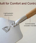Close-up of Pizza Peel 12 By 14 Aluminum Paddle With 21 Inch Detachable Wooden Handle, showing lightweight material and comfort features.