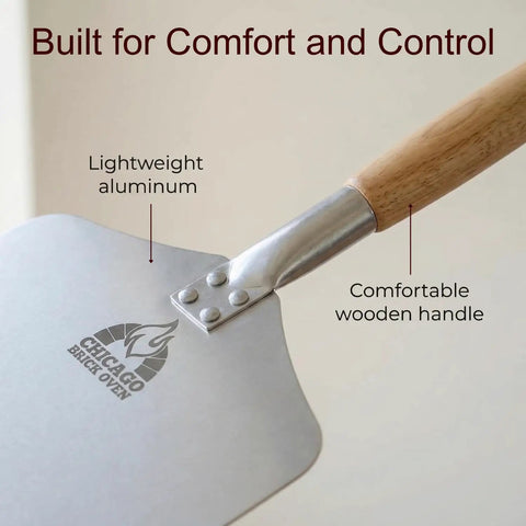 Close-up of Pizza Peel 12 By 14 Aluminum Paddle With 21 Inch Detachable Wooden Handle, showing lightweight material and comfort features.